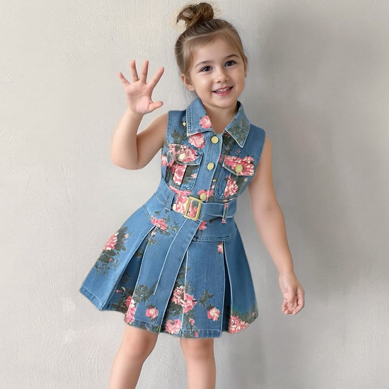 Girls' sleeveless denim dress summer flower print denim skirt cinched waist lapel thin sundress