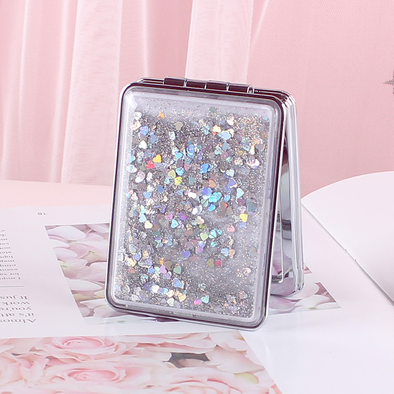 1Pc quicksand double-sided magnifying mirror cute handheld small portable foldable makeup mirror