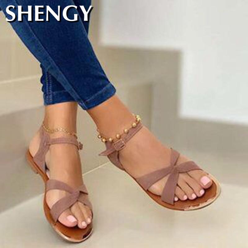 summer women's sandals open toe beach cross straps ladies one-word buckle roman flat shoes