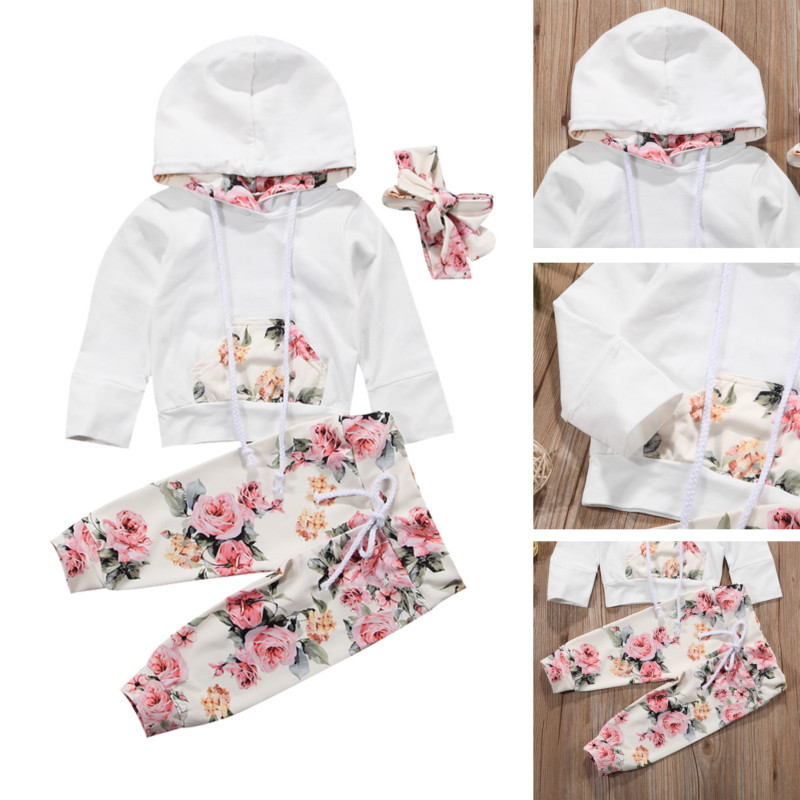 Brand New Infant Toddler Newborn Baby Girls Floral Outfit Clothes Tracksuit Hooded Tops+Leggings Pants Headband 3Pcs Set