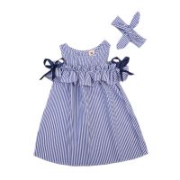 New Summer Dress Toddler Kids Baby Girls Lovely Birthday Clothes Blue Striped Off-shoulder Ruffles Party Gown Dresses