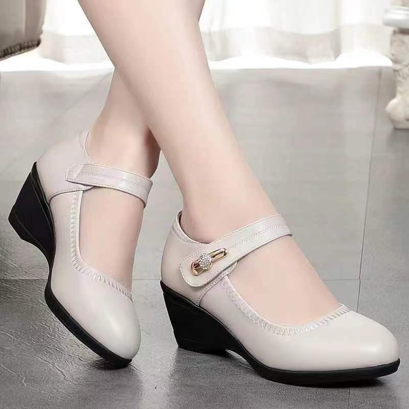 Spring Casual Wedges Women Black Soft Leather Shoes Fashion Comfort Round Head Work Office Pumps Luxury Anti-slip Shoes