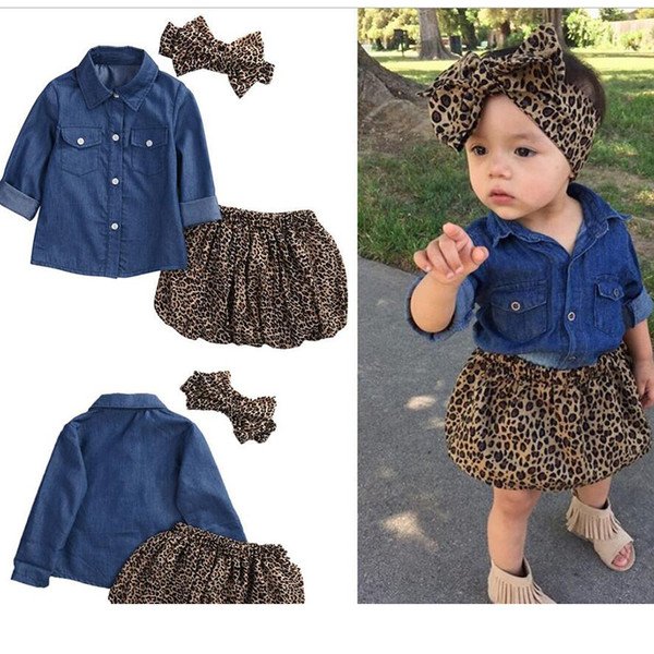 Toddler Baby Girls Dress Denim Shirt+Leopard Skirt+ Headband Kids Clothes Set