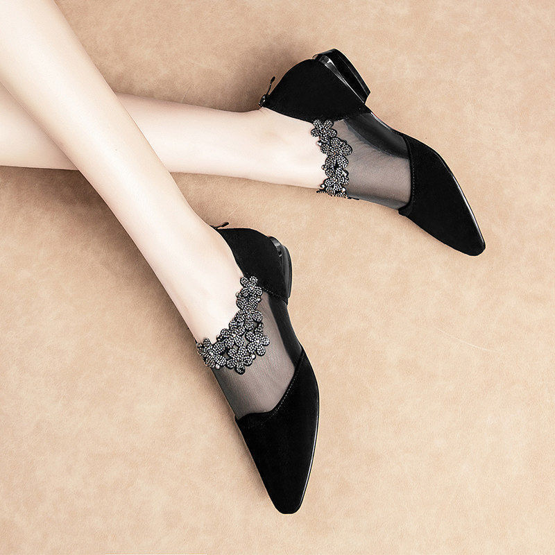 New Summer Fashion Black Lace Rhinestone Sandals Flower Heel Sandals Mesh Plus Size