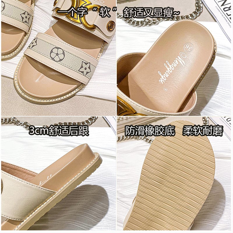 Thick soled slippers women's sandals summer outerwear retro fashion one line strap large flat shoes 41-43
