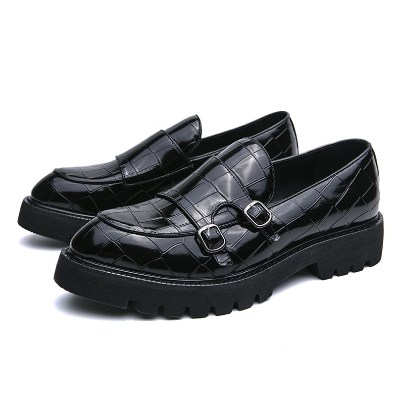 Large size double needle buckle loafers men's patent leather shiny surface, thick heel, height increasing casual leather shoes