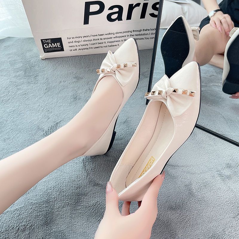 Pointed Toe with Bow Women's Flat Shoes Black Office Ladies Footwear Social Chic Versatile Shoes