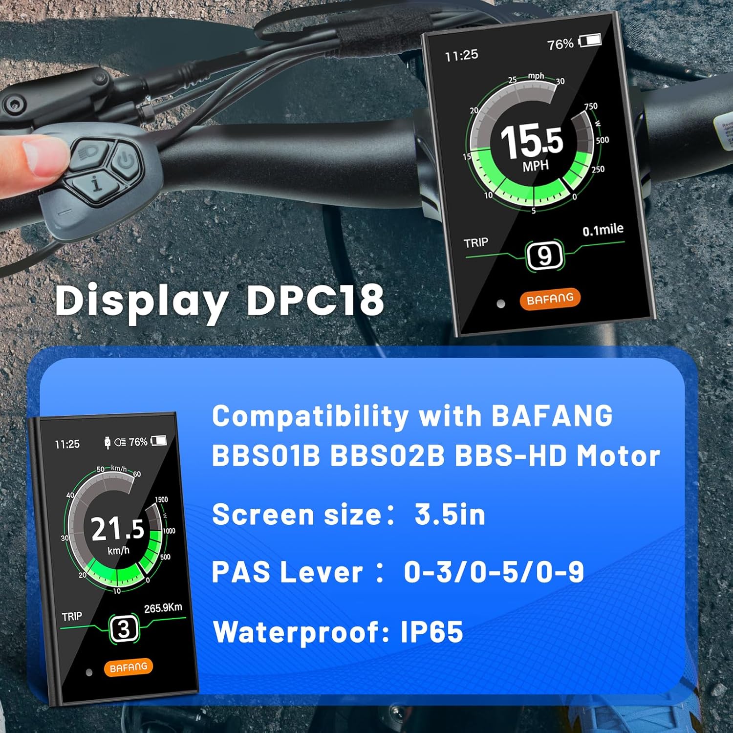 BAFANG Ebike Display DPC18 for BBS01B BBS02B BBSHD UART Version Mid Drive Motor, 0-9 Pedal Assist Levels E-Bike Computer Display