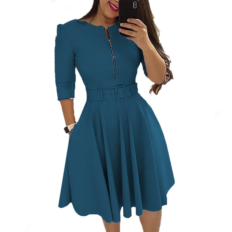 African Women's Solid Color Half Open Neck Zipper Pleated Dress with Belt OL Commuter Dress
