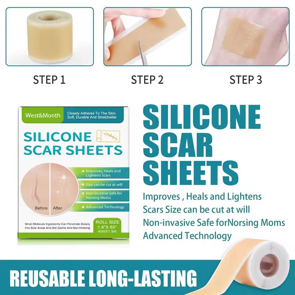 1 Roll Silicone Scar Sheets , 4cmX150cm Self-Adhesive Scar Cover Tape Reusable and Effective Skin Care Strips