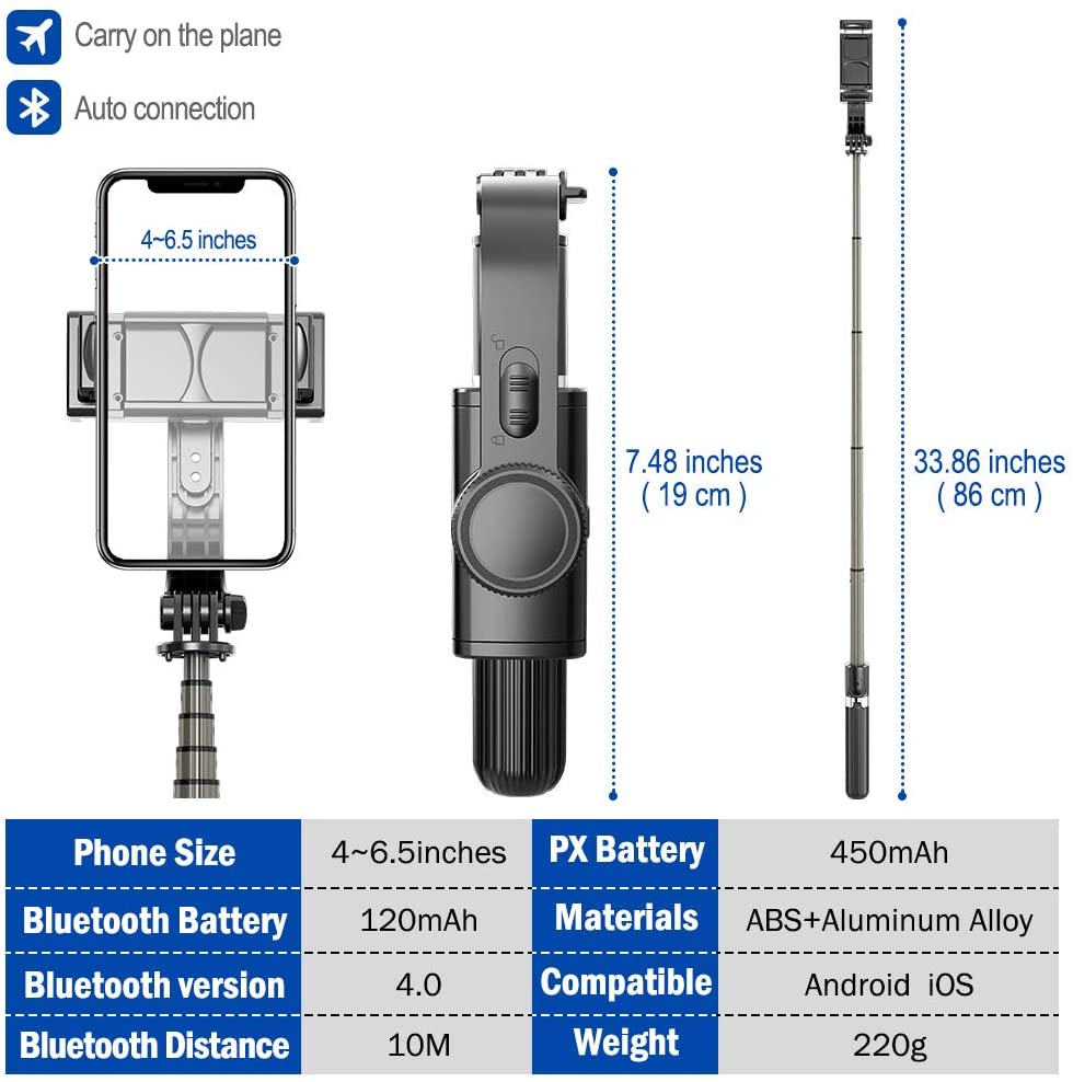 Gimbal Stabilizer 360° Rotation Selfie Stick Tripod with Bluetooth Wireless Remote Portable Phone Holder Auto Balance