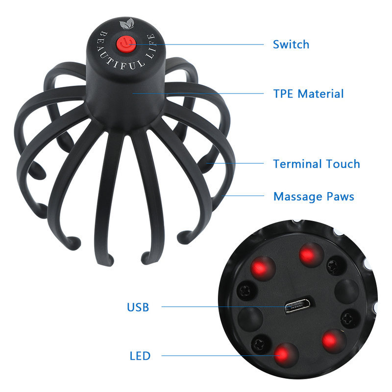 Electric Octopus Claw Scalp Massager Hands Free Therapeutic Head Scratcher Relief Hair Stimulation Rechargable Stress Relief New