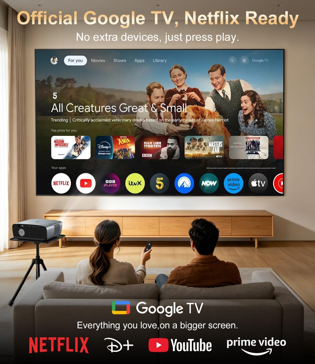 Smart Google TV Projector 4K, 2400 ANSI Daytime, 38W Dolby Audio, ToF+CMOS Autofocus/Keystone, Shorter Throw, HDMI ARC, NFC, Projector with WiFi6 and