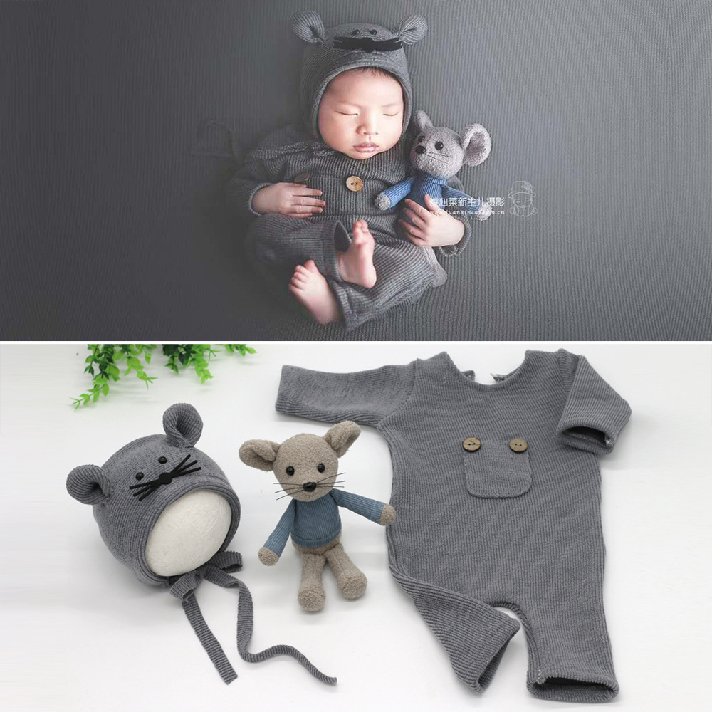 Newborn Photography Clothing Baby Soft Knitted One Piece+Hat+Doll Mouse Three Piece Set