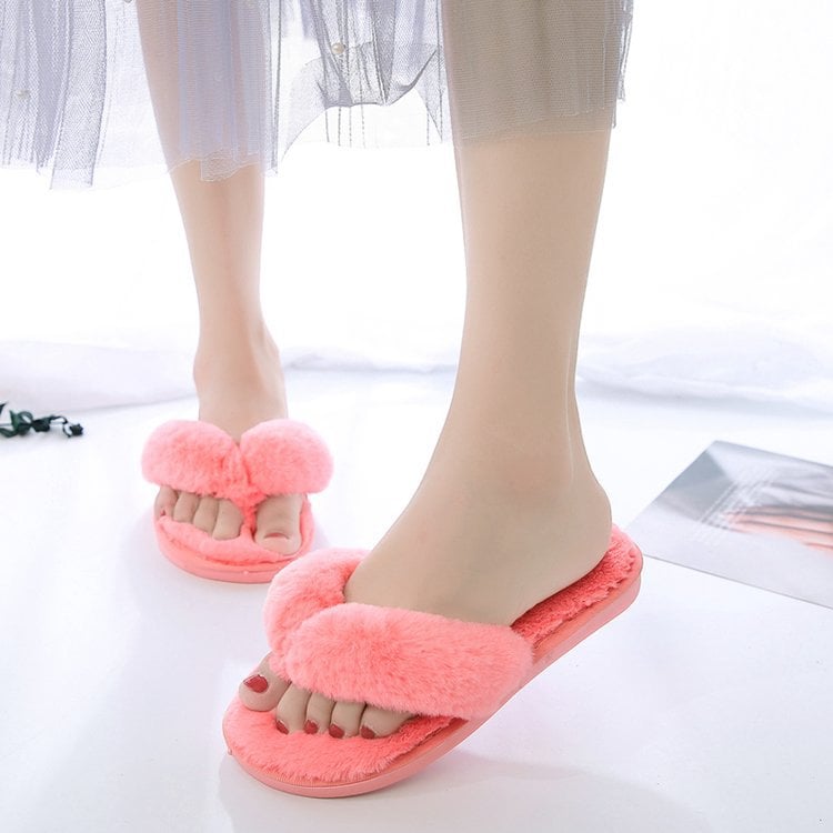 Plush plush flip-flops autumn and winter home cotton slippers women's soft bottom indoor wooden floor fluffy slippers