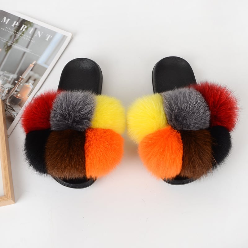 Fur Slippers Women Furry Slides Summer Fluffy Slippers House Shoes Woman Real Fur Slides Home Women's Fur Fox Slippers
