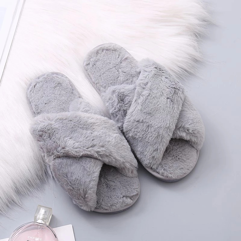 Warm fluffy slippers women's plush slippers comfortable faux fur cross indoor floor slippers flat soft fur shoes ladies women