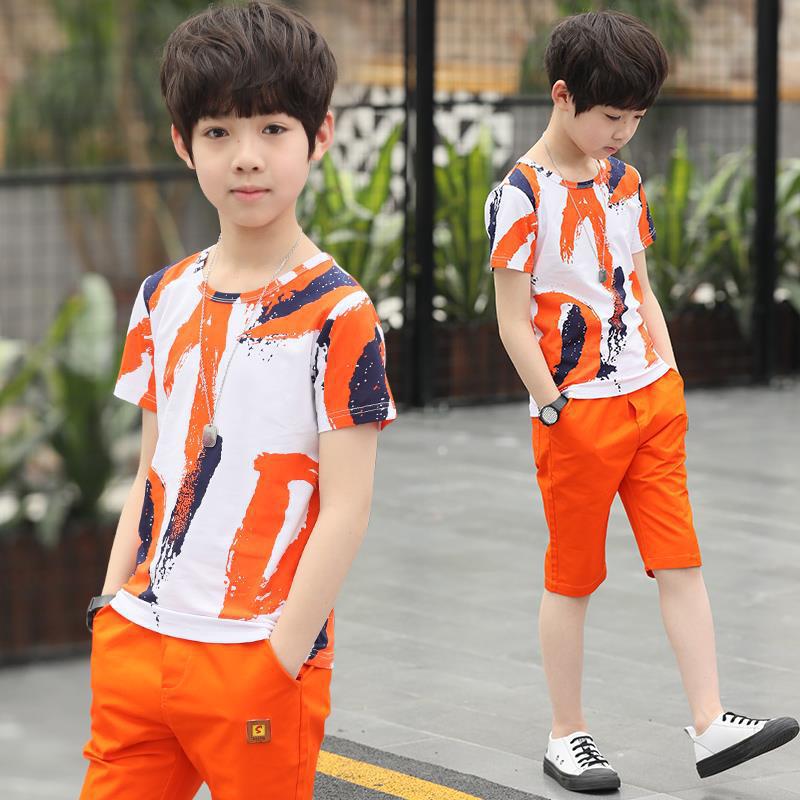Boys suit summer cotton children's sports short-sleeved shorts two-piece suit big boy summer