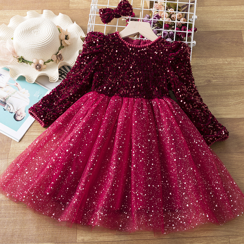 Girls Princess Party Dresses for 3-8 Yrs Kids Birthday Wedding Evening Prom Gown Spring Fall Long Sleeve Children's Dress