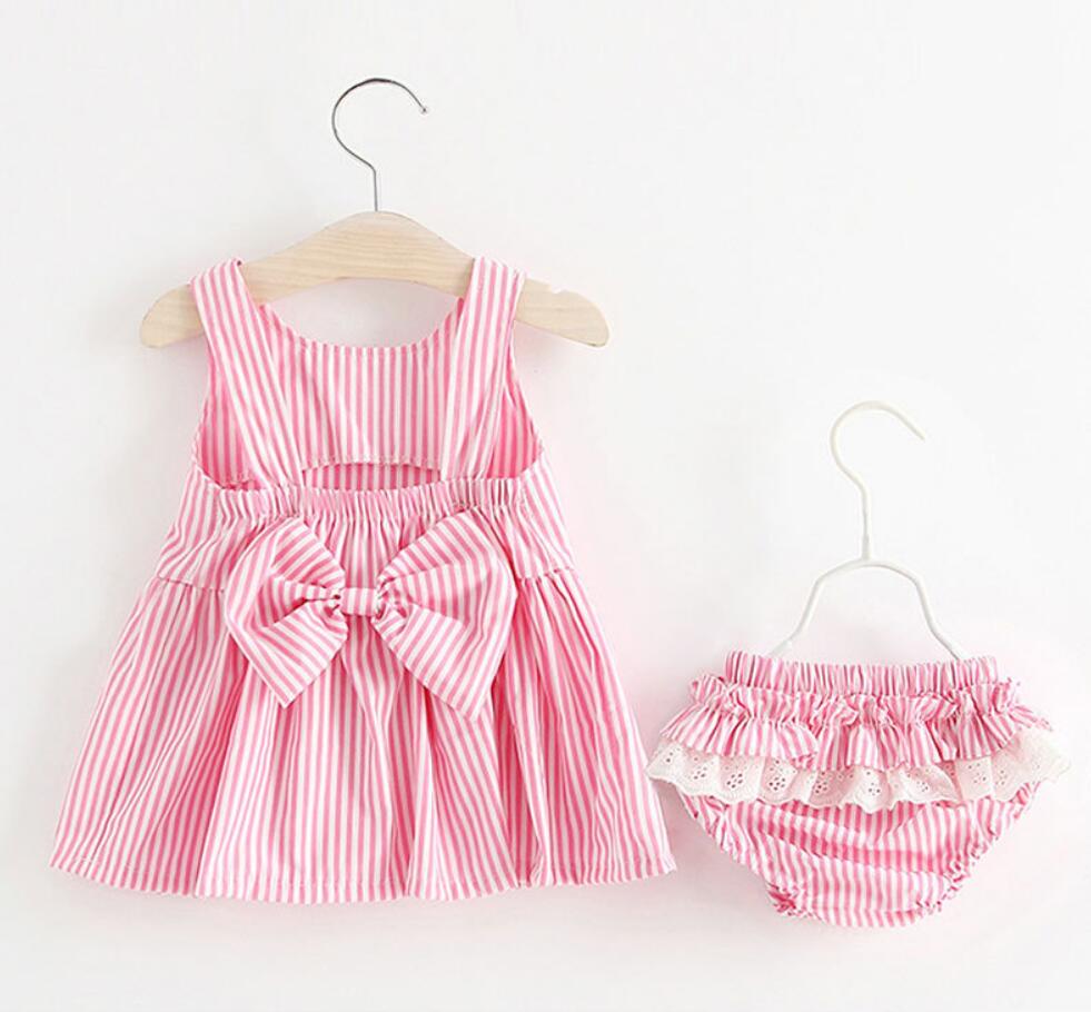 Baby Girls Newborn Dress Clothes New Cute Bowknot Striated Sleeveless Girl Dress + PP Pants infant 2pcs Clothing Sets Kids
