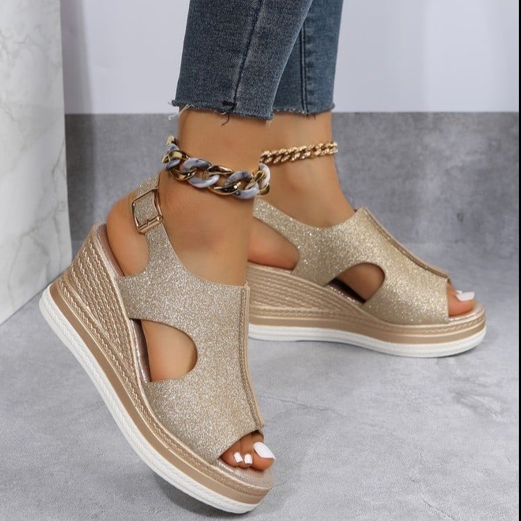 Belt buckle women's slope heel sandals large size medium heel muffin thick sole hollowed out fish mouth women's sandals