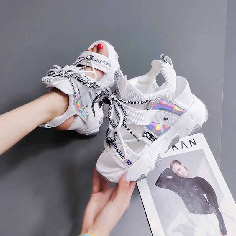 Comemore Platform Gladiator Sandals Lace Up White Sandals Women High Heels Wedges Casual Sports Shoes Woman Spring Summer