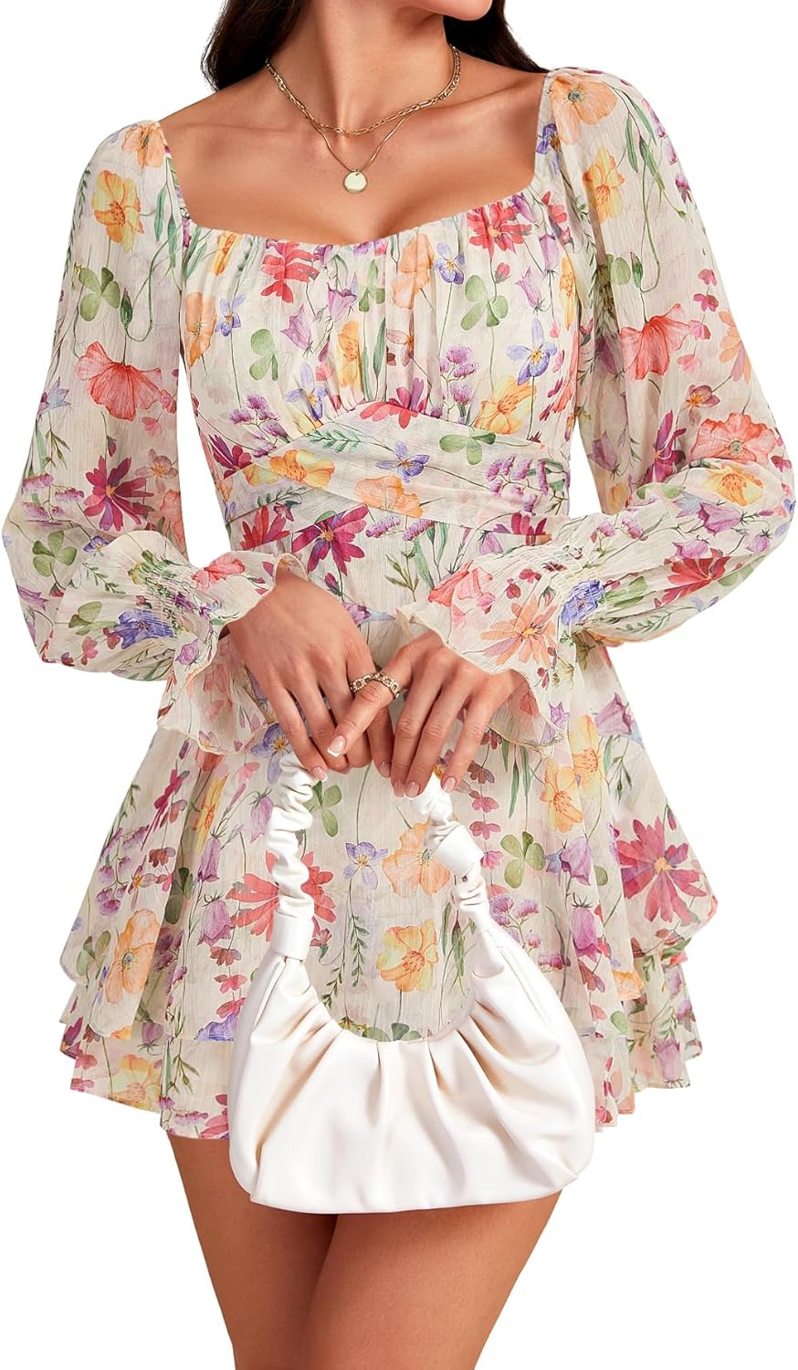 LYANER Women's Floral Print Off Shoulder Long Sleeve Ruffle Hem Romper Short Jumpsuit