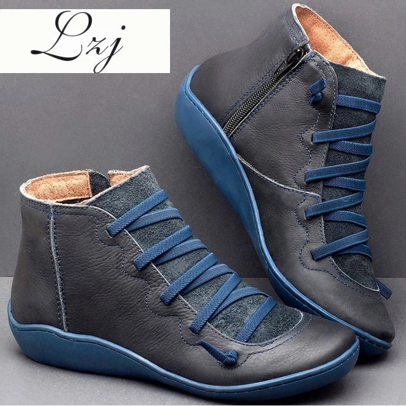 Women's PU Leather Ankle Boots Autumn Winter Cross Strappy Vintage Zipper Punk Boots Flat Short Snow Boots Lace Up Shoes