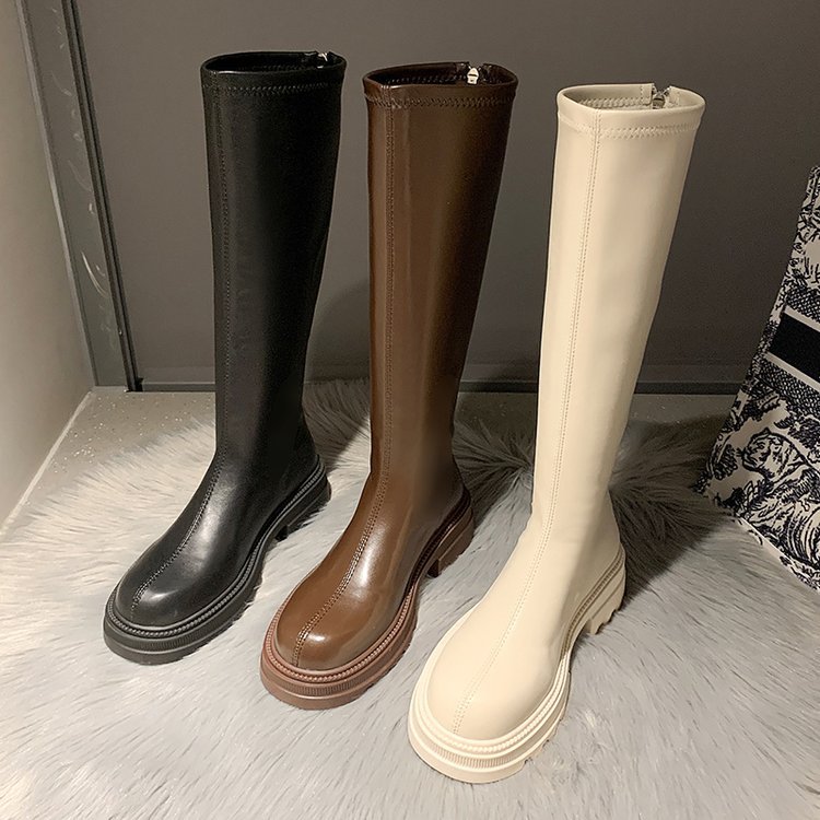Real soft leather tall Martin boots women's autumn new round toe thick heel side zipper thick sole mid-length leather boots