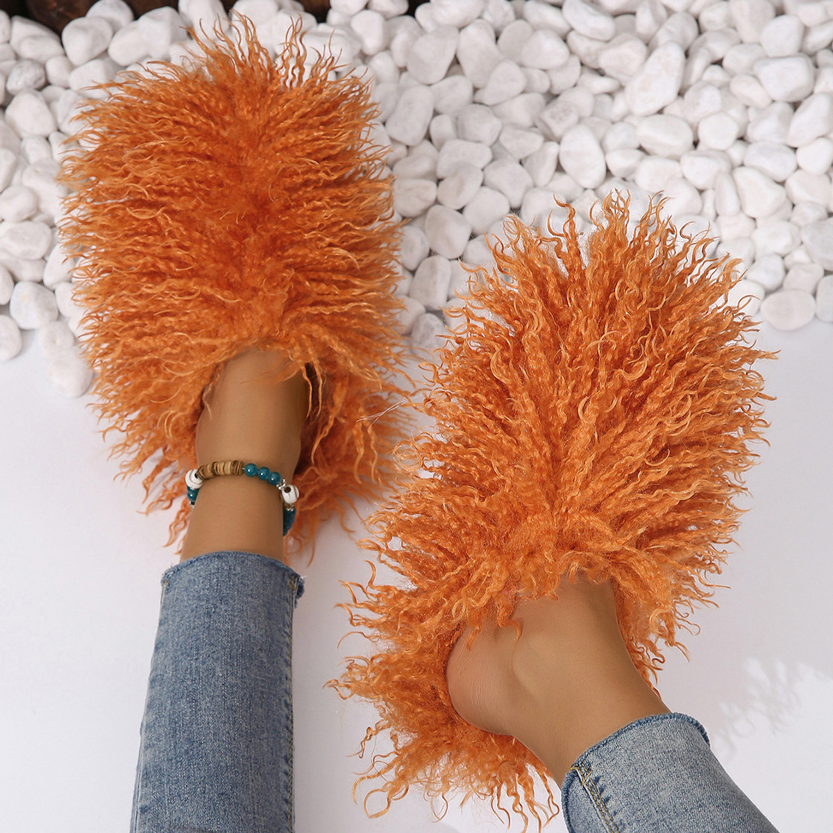 New Women's Wool winter Slippers Wool Home Warmth Flat Bottom Non slip Sleeve Durable Sandals Fashion Large size Slippers 36-46