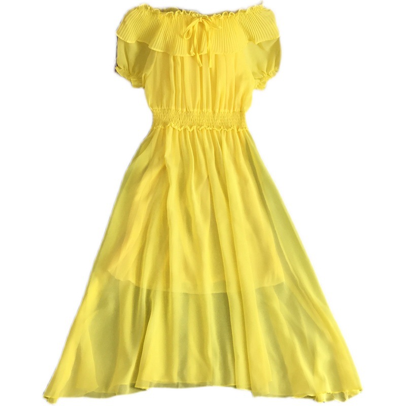 Vacation Slightly Transparent Dress Super Immortal Sweet 100 Pleated Ruffle Edge One Line Neckline Fashionable Knee Length Chiff