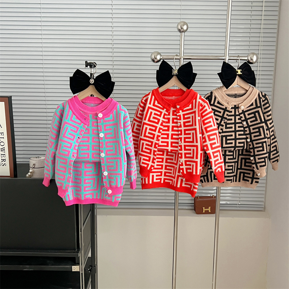 2024 New Retro Jacquard Color Block Long sleeved Knitted Shirt+Round Neck Vest+Knitted Skirt Three Piece Set
