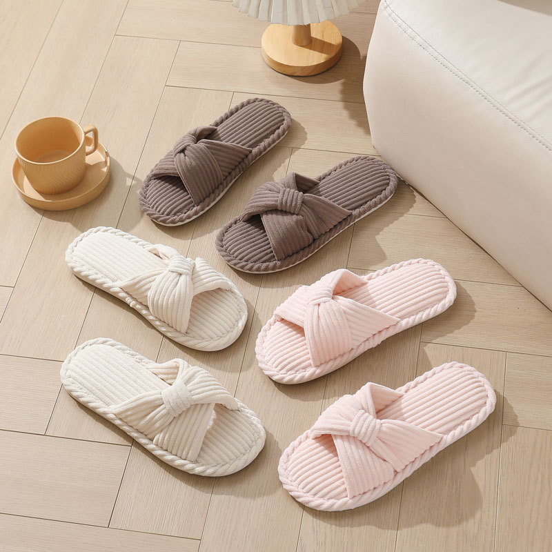Corduroy Cross Strap Home Slippers for Women Open Toe Non Slip Cotton Indoor Shoes Woman Lightweight Comfort Bedroom Slippers