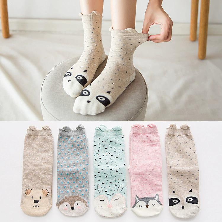 5 pairs pack women socks The Stereo ear cartoon animals happy funny cotton cute socks Feather yarn socks