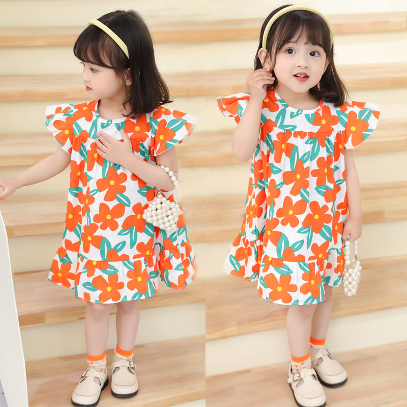 Summer Sweet Small and Medium Girls Cartoon Printed Cotton A-line Dress Dress