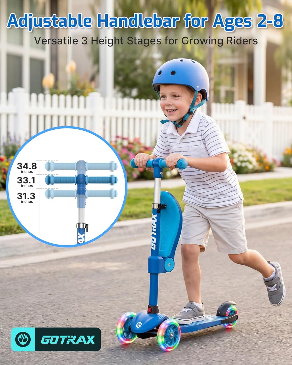 Gotrax KS3 Kids Kick Scooter, LED Lighted Wheels, Adjustable Height Handlebars and Removable Seat, Lean-to-Steer & Widen Anti-Slip Deck, 3 Wheel Scoot