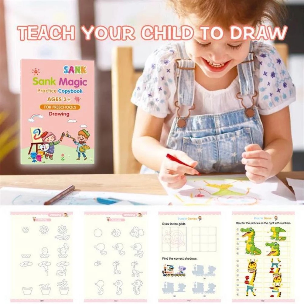 4 Books + Pen Magic Practice Copybook Free Wiping Children's Copybook Magic Magic Writing Sticker English Version