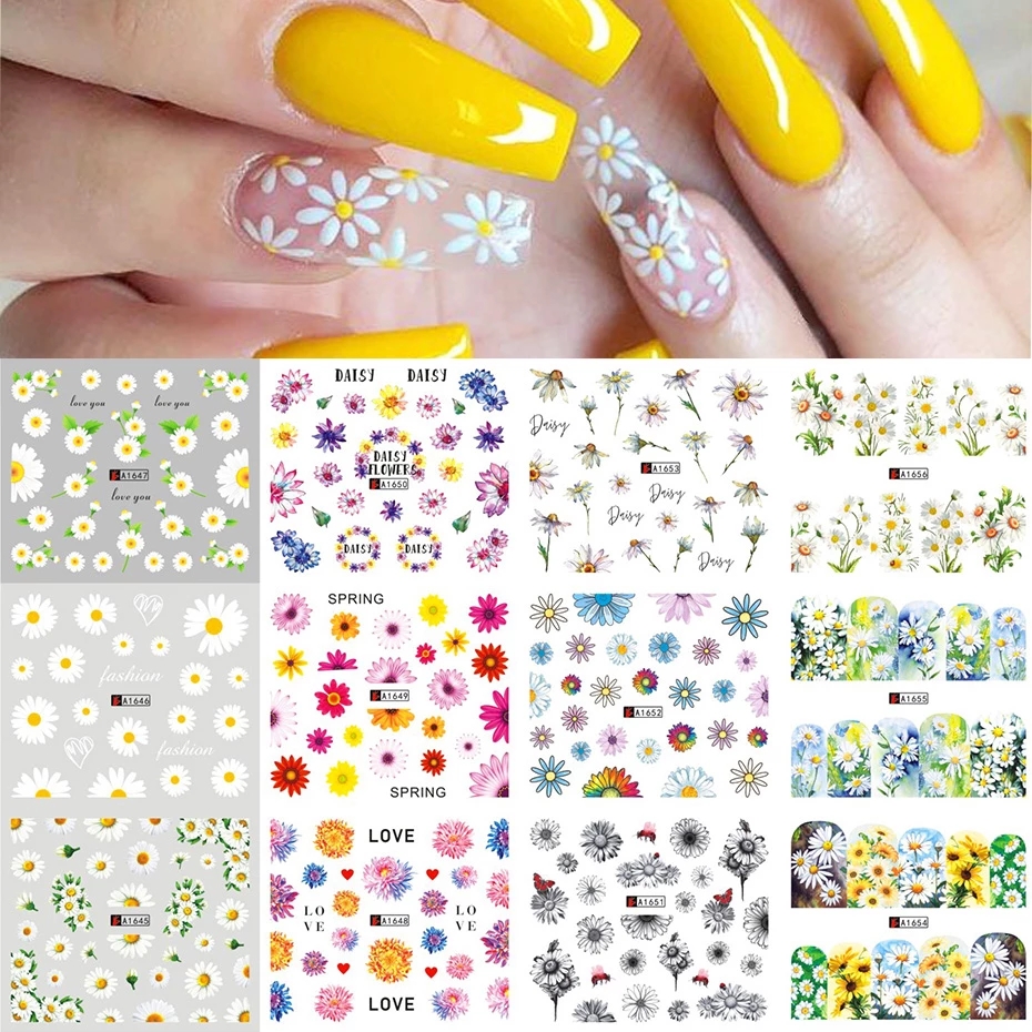 6pcs/lot Sunflower Nail Stickers Blossom Florals Nail Art Water Decals Transfer Foils Sliders Decorations for Manicure