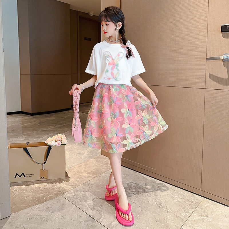 Girls' fashionable short sleeved fried street embroidered skirt set, summer girls' two-piece clothing set