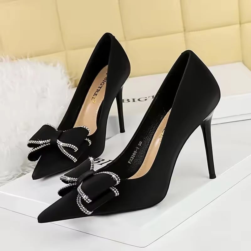 BIGTREE New Fashion Women Dress Shoes 10cm High Heels Shallow Pointed Toe Crystal Butterfly Knots Lady Red Silk Shoes Size 34-40