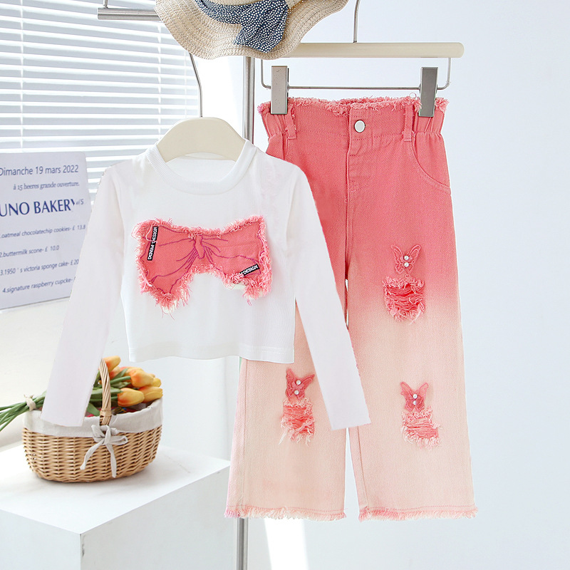 Girls' spring and autumn suits, children's long-sleeved ripped jeans, two-piece set, medium and large children's girls' suits