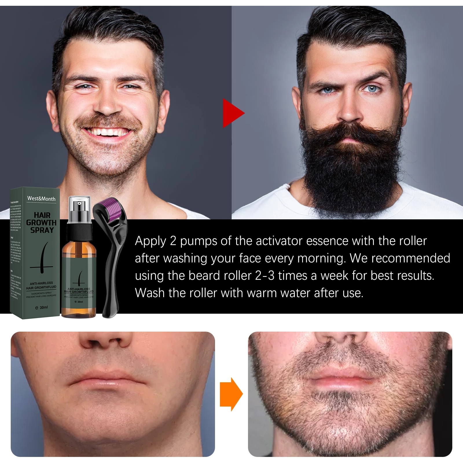 30ml Men Beard Growth Roller Set Beard Growth Kit Men's Beard Growth Essence Nourishing Enhancer Beard Oil Spray Beard Care