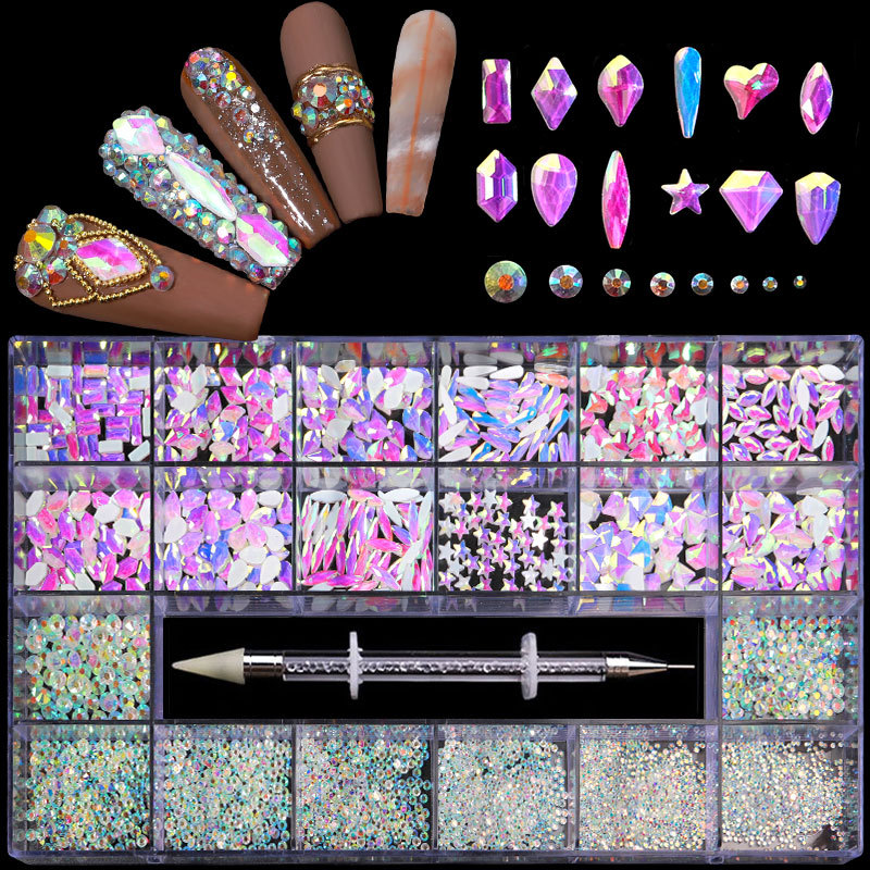 21 Grid Rhinestone Boxed Nail Rhinestone Flat Glass Shaped Rhinestone DIY Nail Rhinestone Nail Art Jewelry Set
