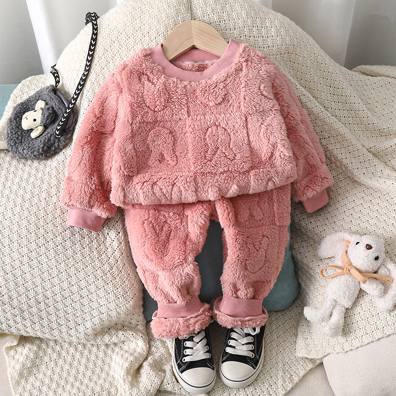 Children's pajama set warm autumn and winter pajamas children's boys and girls thickened home clothes plush baby clothing set