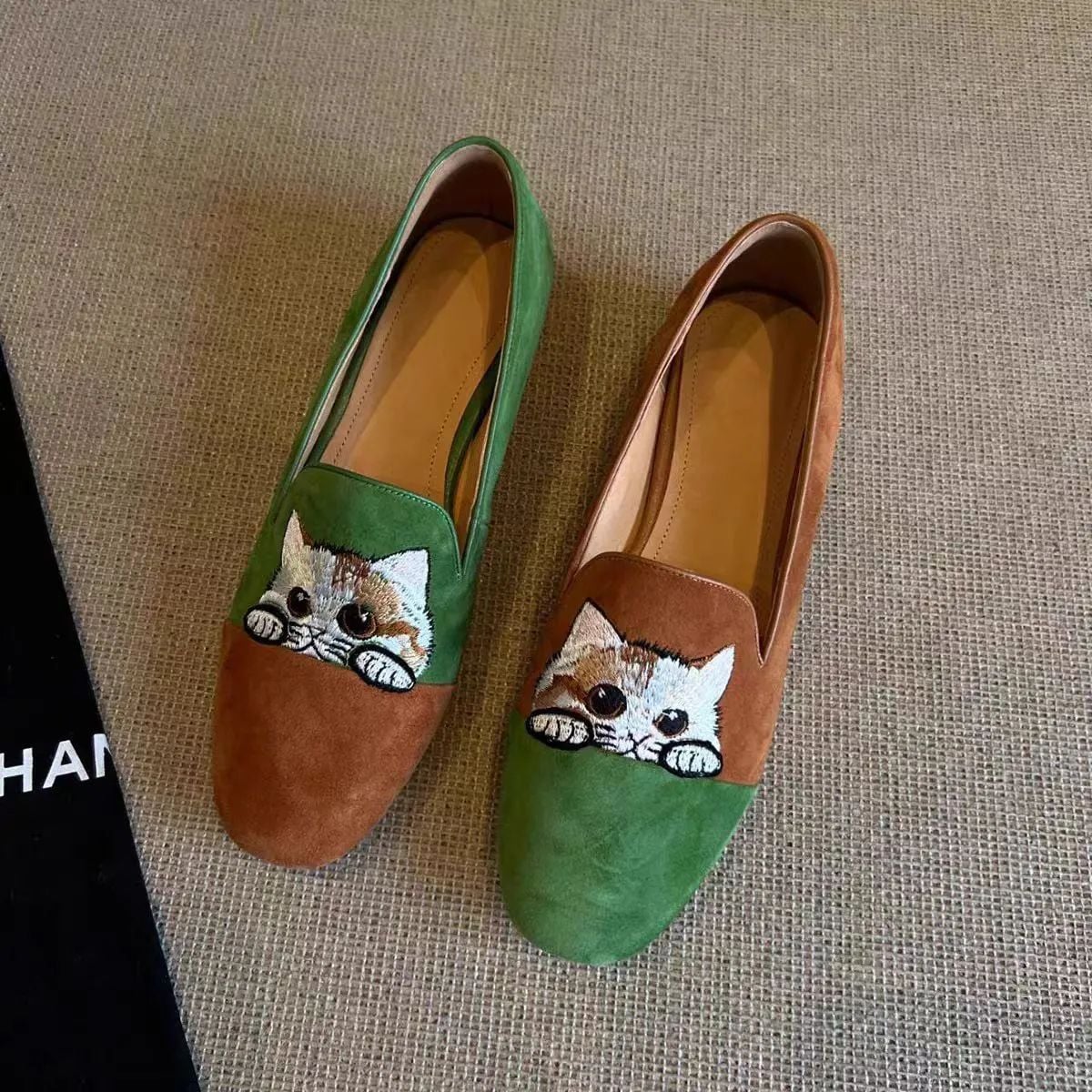 Top quality cat emboridery slippers woman flock moccains non-slip animal kitten shoes ladies square toe two-tones ballet flats