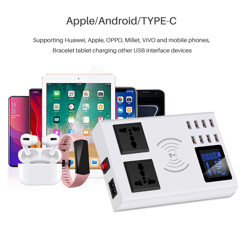 8 Ports QI wireless fast charger quick charge station led display mobile phone wall usb charger for iphone 6 7 8 7plus X xiaomi