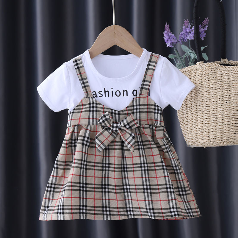 Girls' summer foreign style children's strap plaid skirt baby cotton vest dress