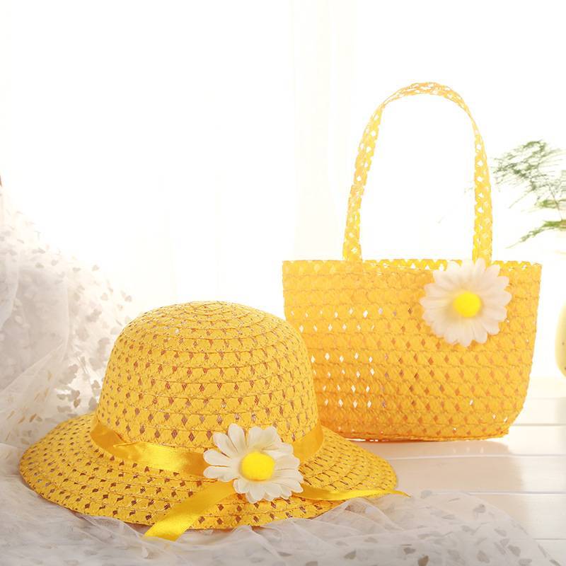 9color Sunflower Summer Sun Hat Girls Kids child Beach Hats Bags Floral Flower Straw Hats Caps + Tote Handbag Suit for 1-6 Years