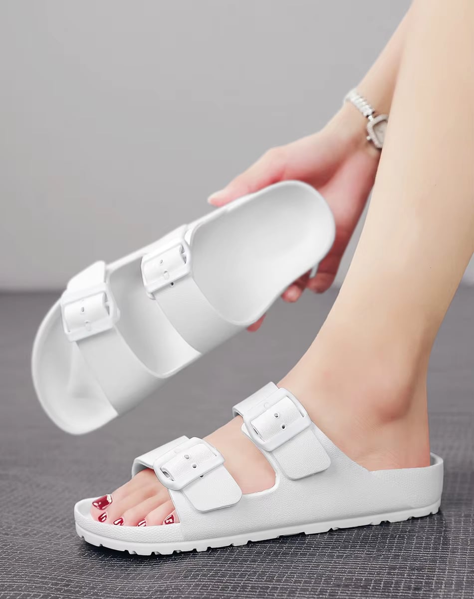 Women's Simple Solid Color Flat Heel Buckle Slip-On Slippers Large Size