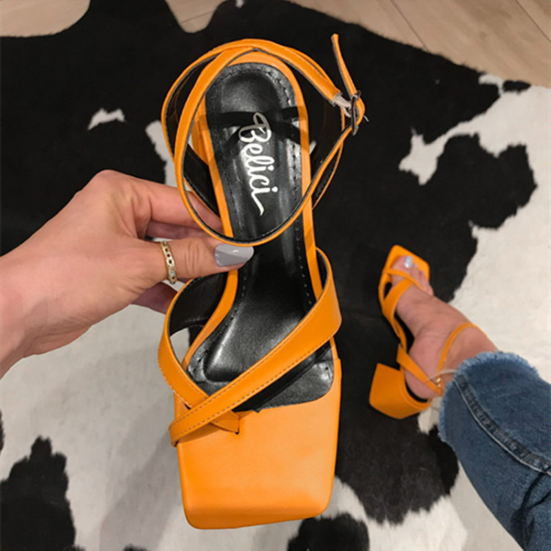 2023 New European and American Foreign Trade Large Heel Slip-Toe One Button Sandals for Women Amazon Hollow Square Head High Hee